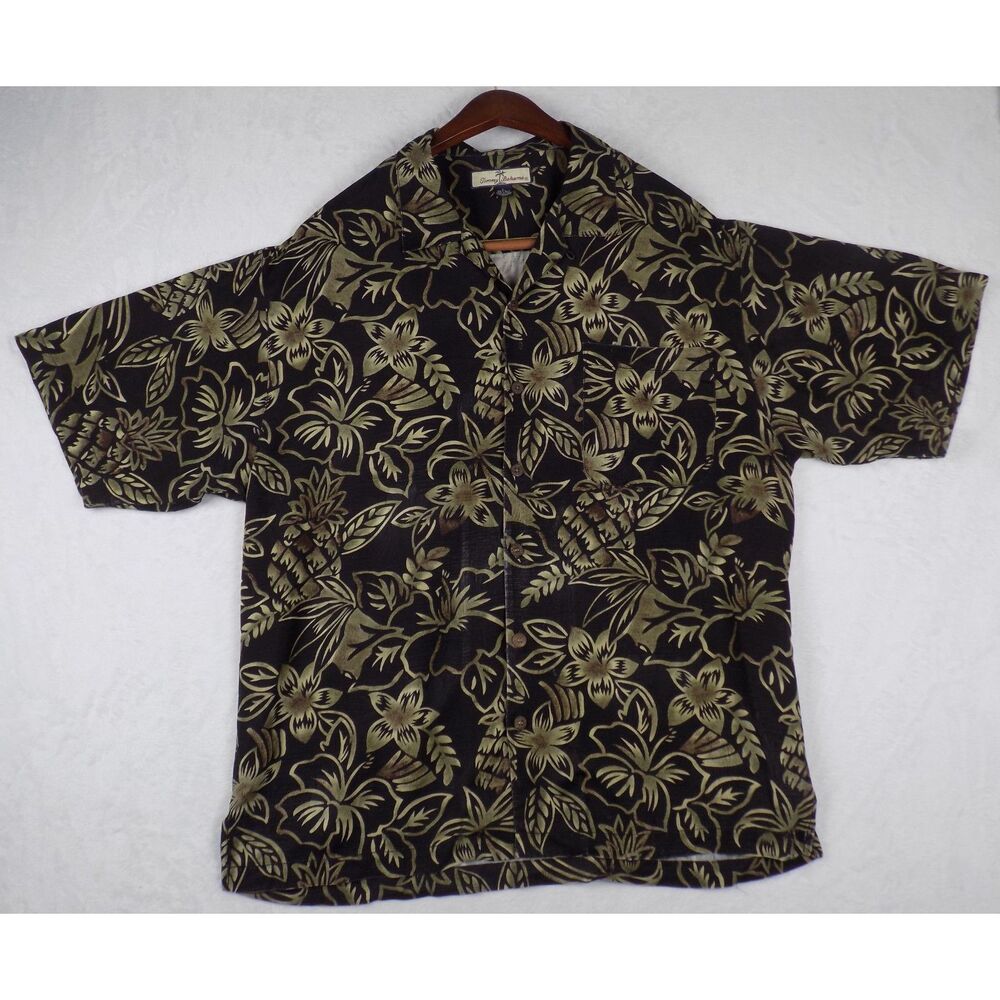 Vintage Tommy Bahama Dark Silk Shirt Tropical Floral Print Size Large